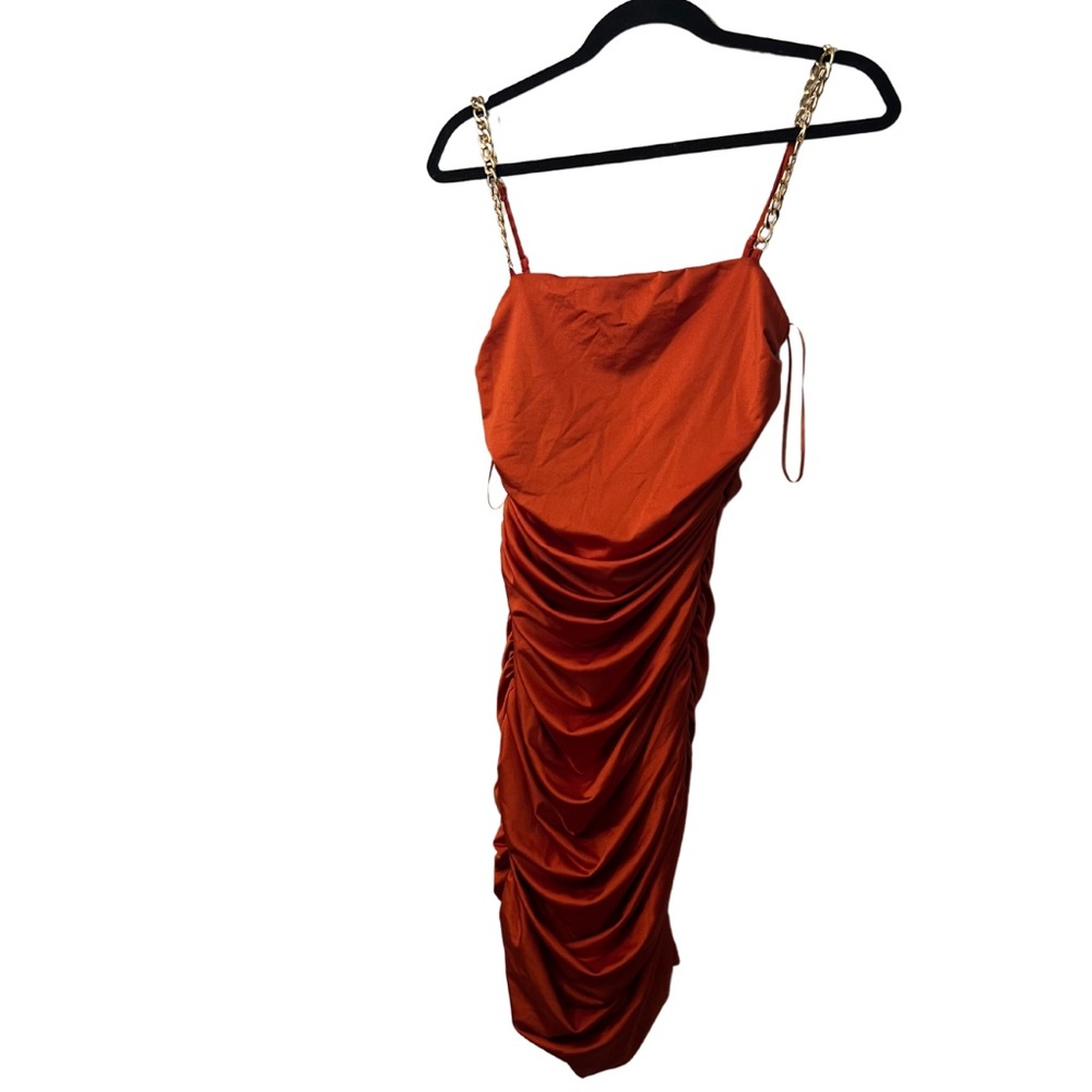 Never worn Satin Ruched Dress with chain straps, tags attached